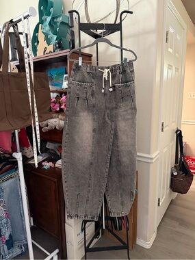 High-Rise Washed Gray Drawstring Denim Joggers